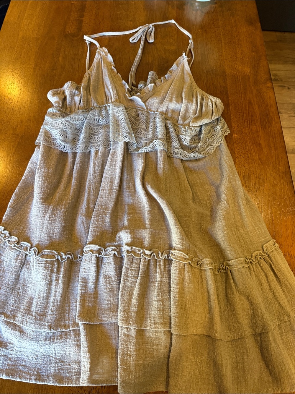 POL beige lace-trim mini dress